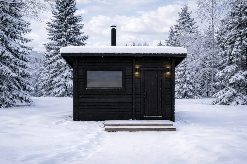 Pihasauna talvella omakotitalon pihassa
